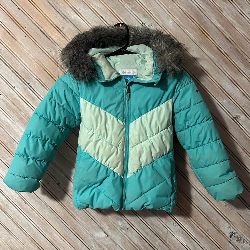 Children's Puffer Jacket Faux Fur Hood Teal & Blue Columbia Sportswear Winter